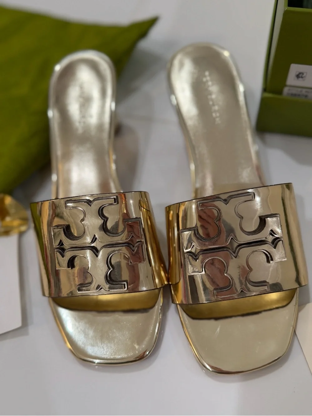 Tory Burch Metallic Gold Logo Slide Mules